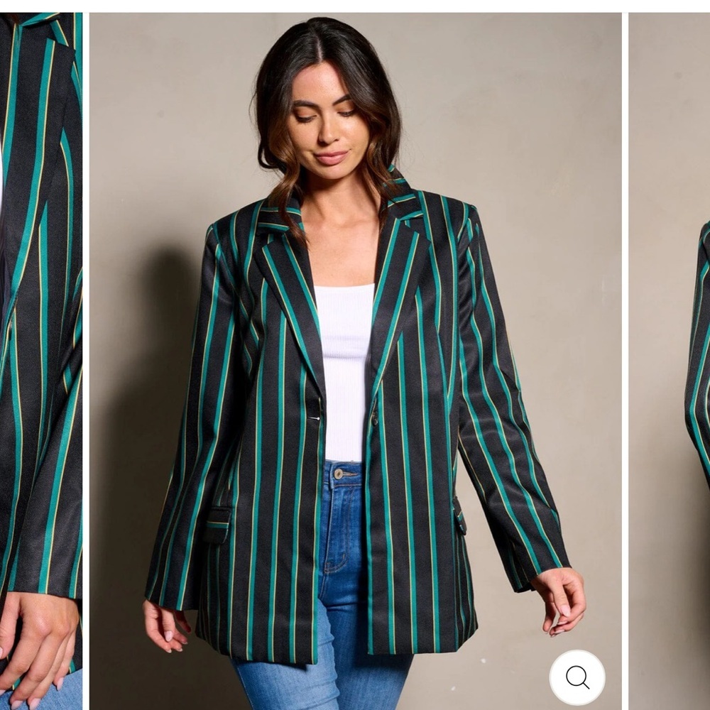 Elegant Black and Green Striped Women's Blazer